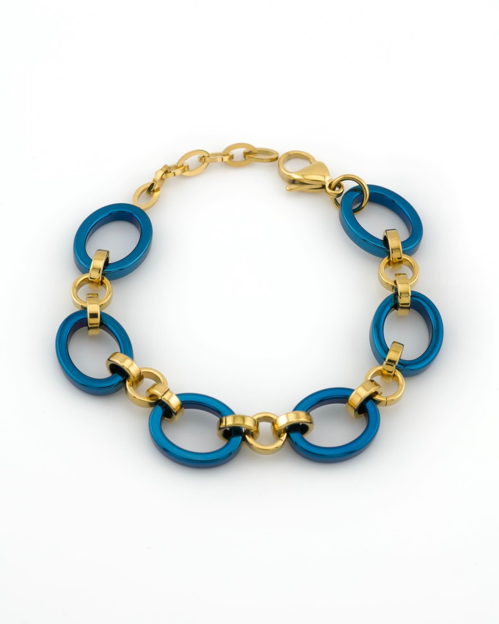 Meridian Chain Bracelet Midnight Gold - deep blue titanium & 18K yellow gold PVD stainless steel, curled top-down view
