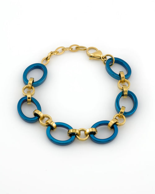 Meridian Chain Bracelet Midnight Gold - deep blue titanium & 18K yellow gold PVD stainless steel, curled top-down view