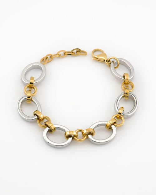 Meridian Chain Bracelet Twilight - 18K white & yellow gold PVD stainless steel, curled top-down view