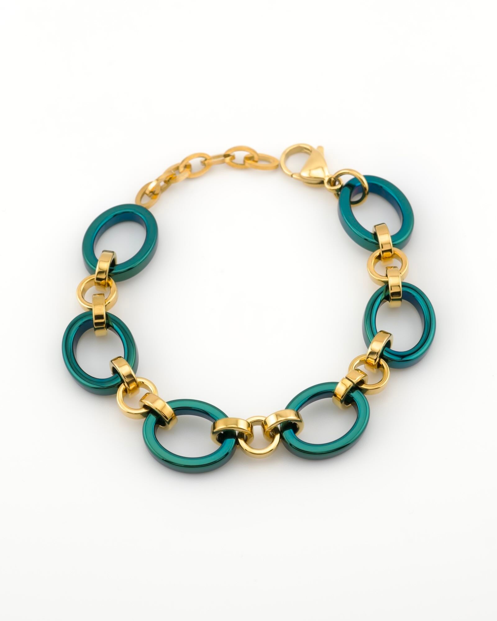 Reversible Meridian Chain Bracelet Green Lagoon - vivid teal titanium & 18K yellow gold PVD stainless steel, curled top-down